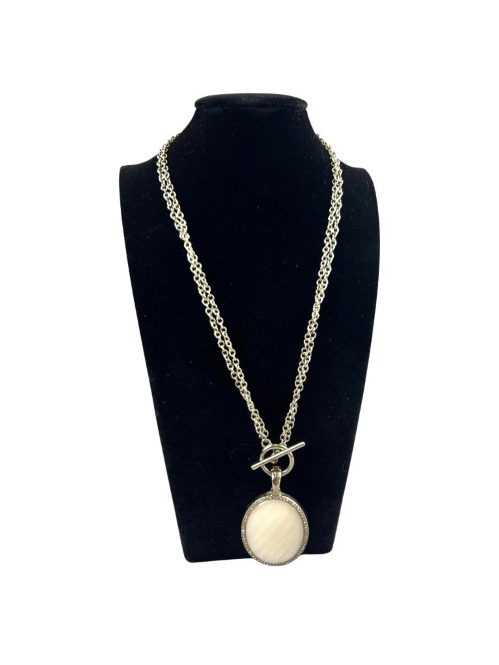 Premier Designs Long Chain Necklace Oval Mother-Of-Pearl Pendant Toggle Closure